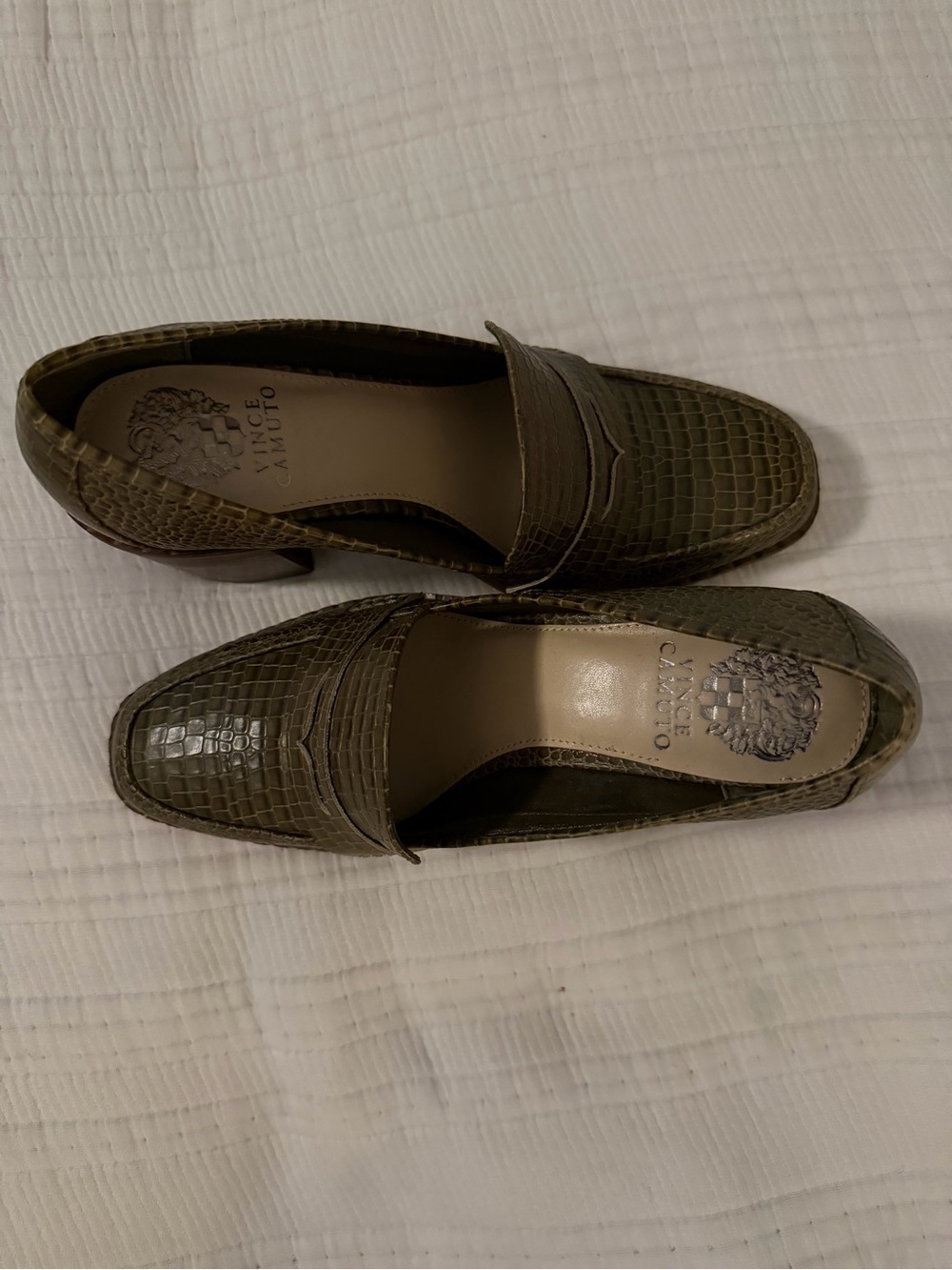 Vince Camuto Olive Croc-Embossed Leather Heeled Loafers